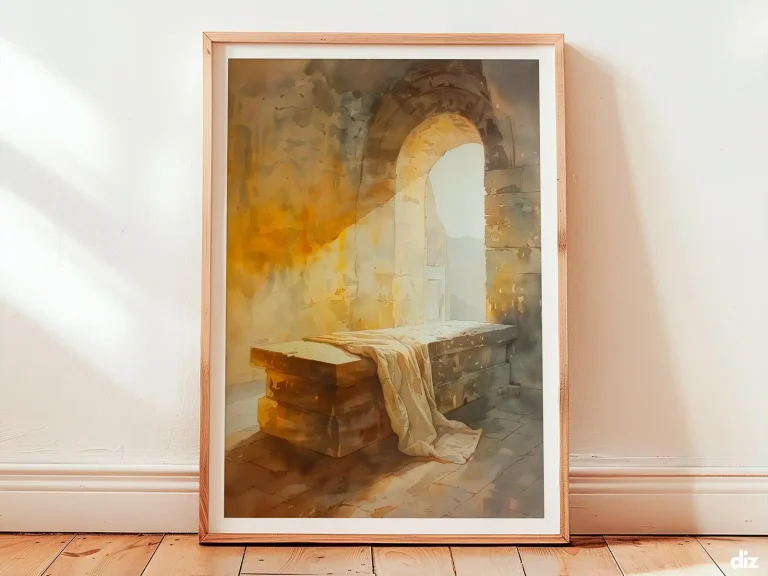 Framed Resurrection art print in devotional watercolor style, a golden beam crossing the empty tomb over folded linens, radiating peaceful faith as warm christian wall art for contemplative spaces.