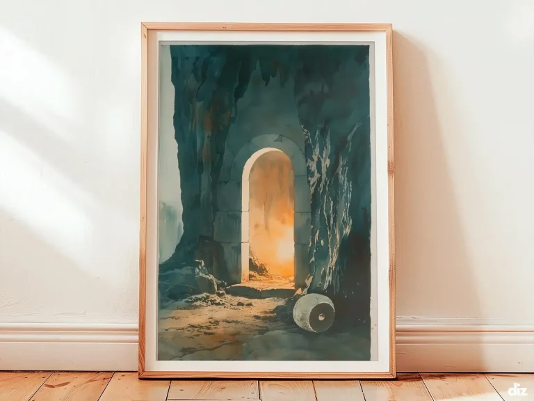 Minimal christian art print showing a luminous oval tomb and pale gold vertical beam on an ivory wall, balanced geometry bringing calm renewal to neutral wall art decor.