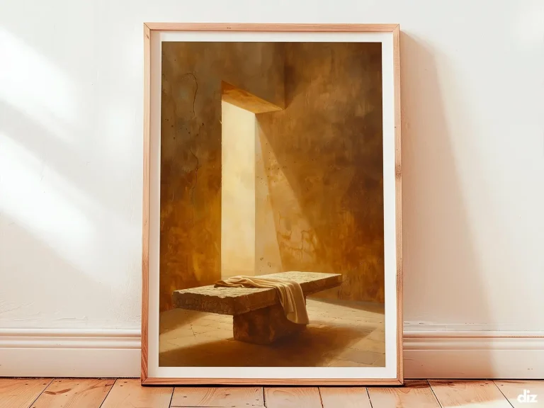 A framed faith art print showing the tomb is empty: a hewn ochre bench with folded linens and a pale gold beam crossing the void, lending calm sacred balance to neutral wall art.