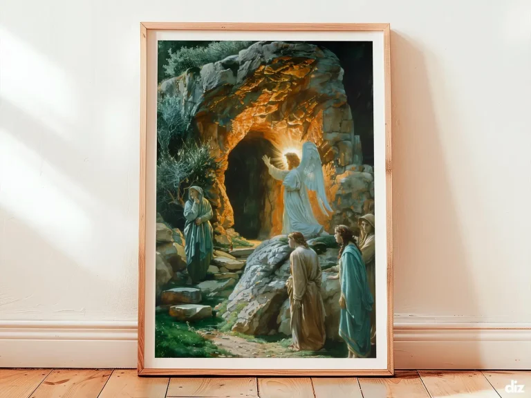 Framed He is Risen art print in luminous watercolor, an angel with lily pointing toward the empty tomb as warm dawn light fills the scene, a contemplative bible wall art piece.