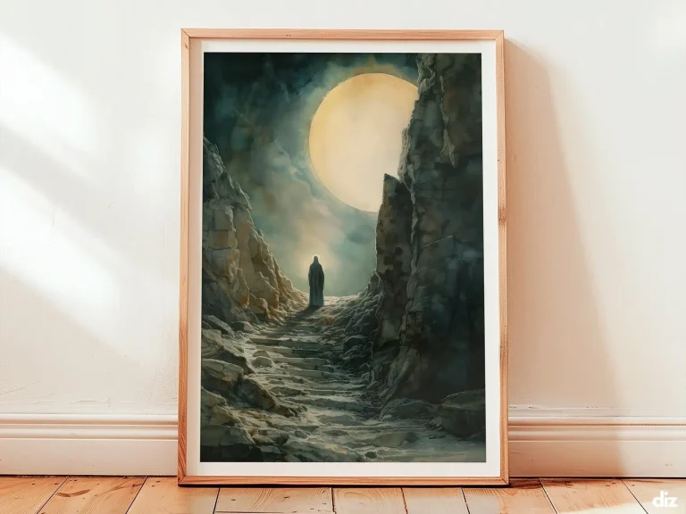 Framed Resurrection art print on a linen wall, an ascending golden-white beam from the empty tomb bathing the room in gentle light as contemplative christian wall art.