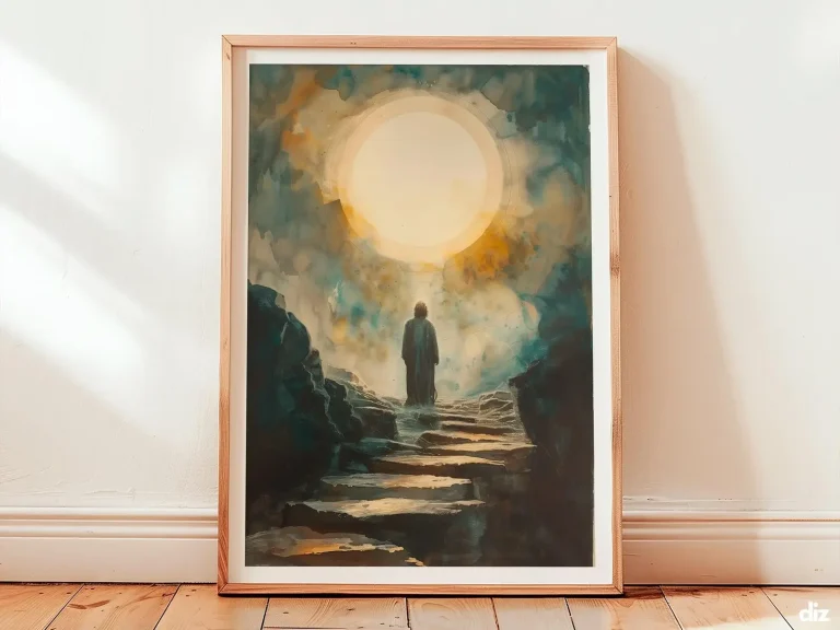 Framed Resurrection art print on linen wall, oval light spilling from the empty tomb and rolled stone, warm gold diagonal glow evoking serene devotion and classic christian wall art.