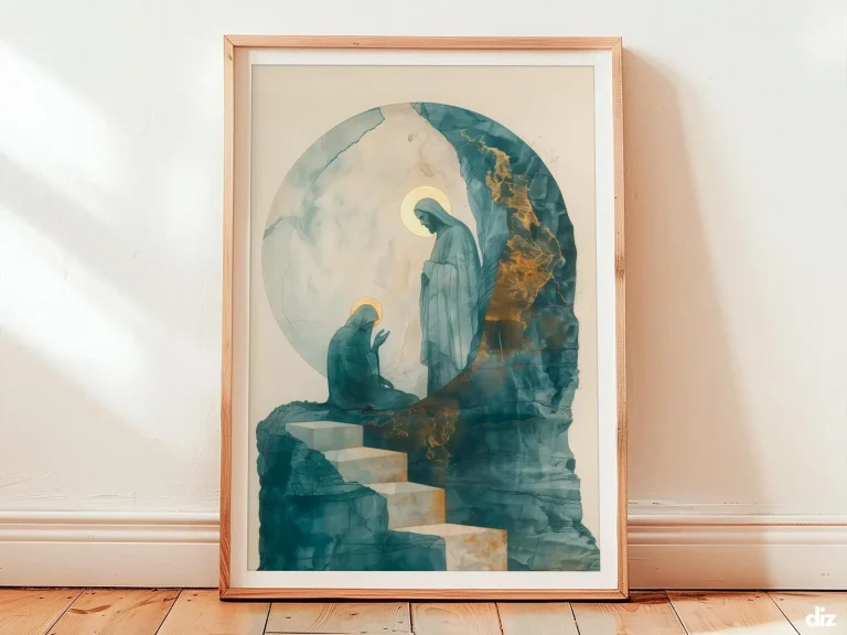 Minimal faith art print showing a seated white angel silhouette within an indigo tomb arch, pale gold dawn beam and muted ochre rolled stone suggesting the tomb is empty with calm reverence.