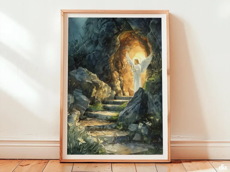 Minimal faith art print of a gilded angel at dawn, golden aureole and warm diagonal light beside the rolled stone, offering calm reverence to neutral wall art and biblical art lovers.