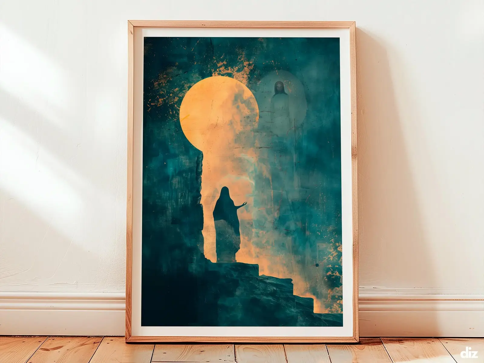 Minimal christian art print of the empty tomb with a seated white angel and pale gold dawn beam, centered within ivory negative space to bring calm sacred presence to neutral wall art.