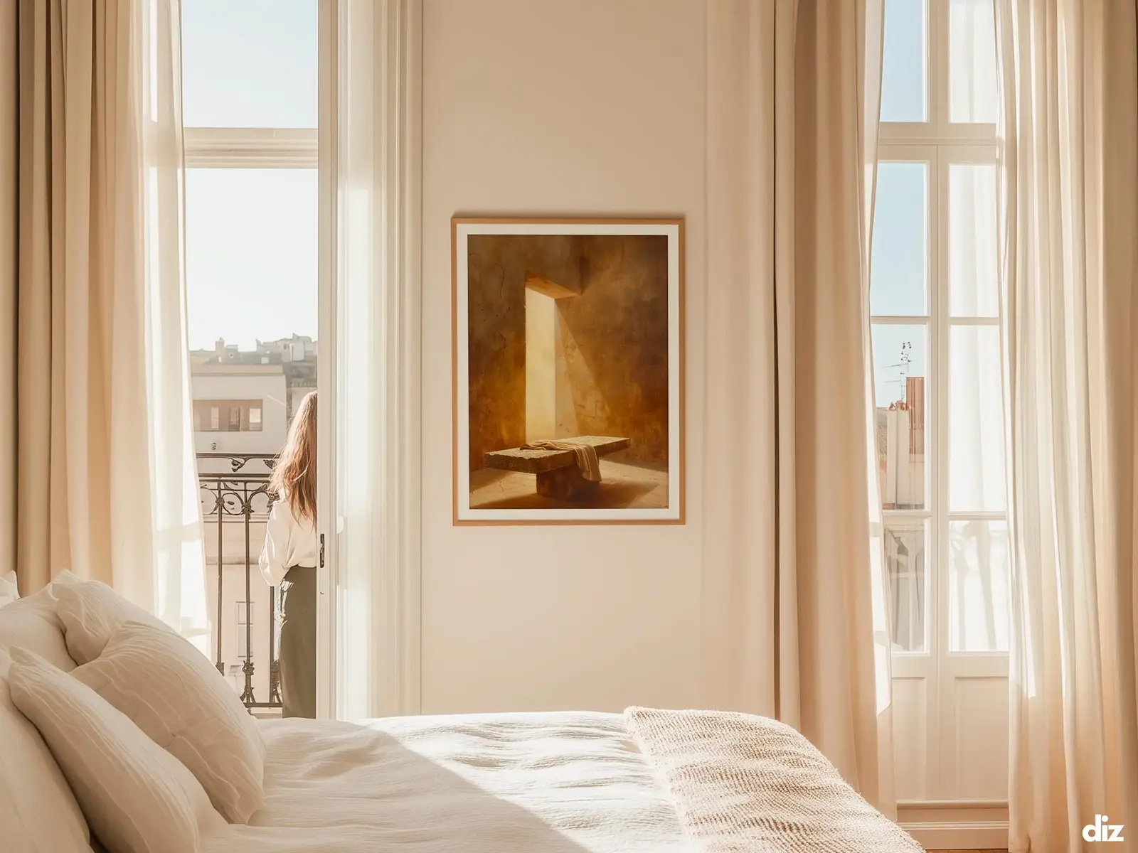 Sacred Heart of Jesus framed above sofa, living room display blending peace and devotion, bible wall art catholic wall art