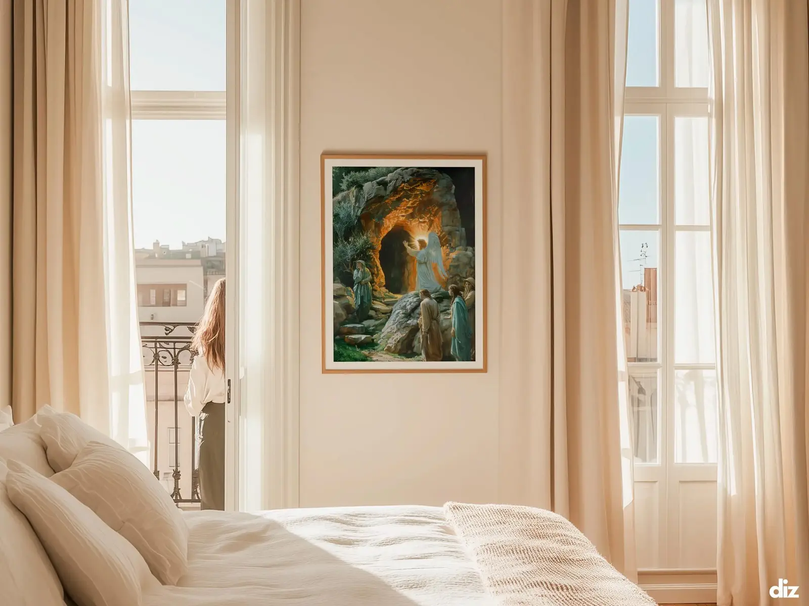 Sacred Heart of Jesus framed above sofa, living room display blending peace and devotion, bible wall art catholic wall art