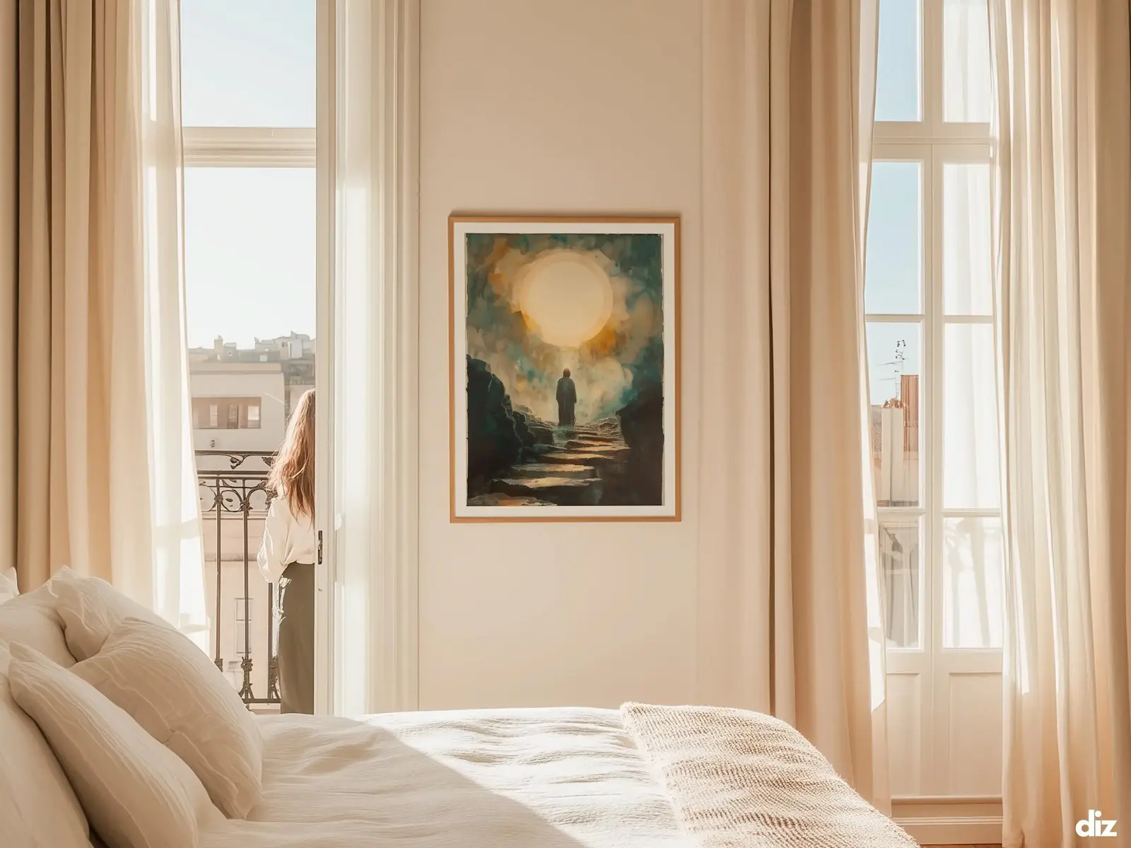 Sacred Heart of Jesus framed above sofa, living room display blending peace and devotion, bible wall art catholic wall art