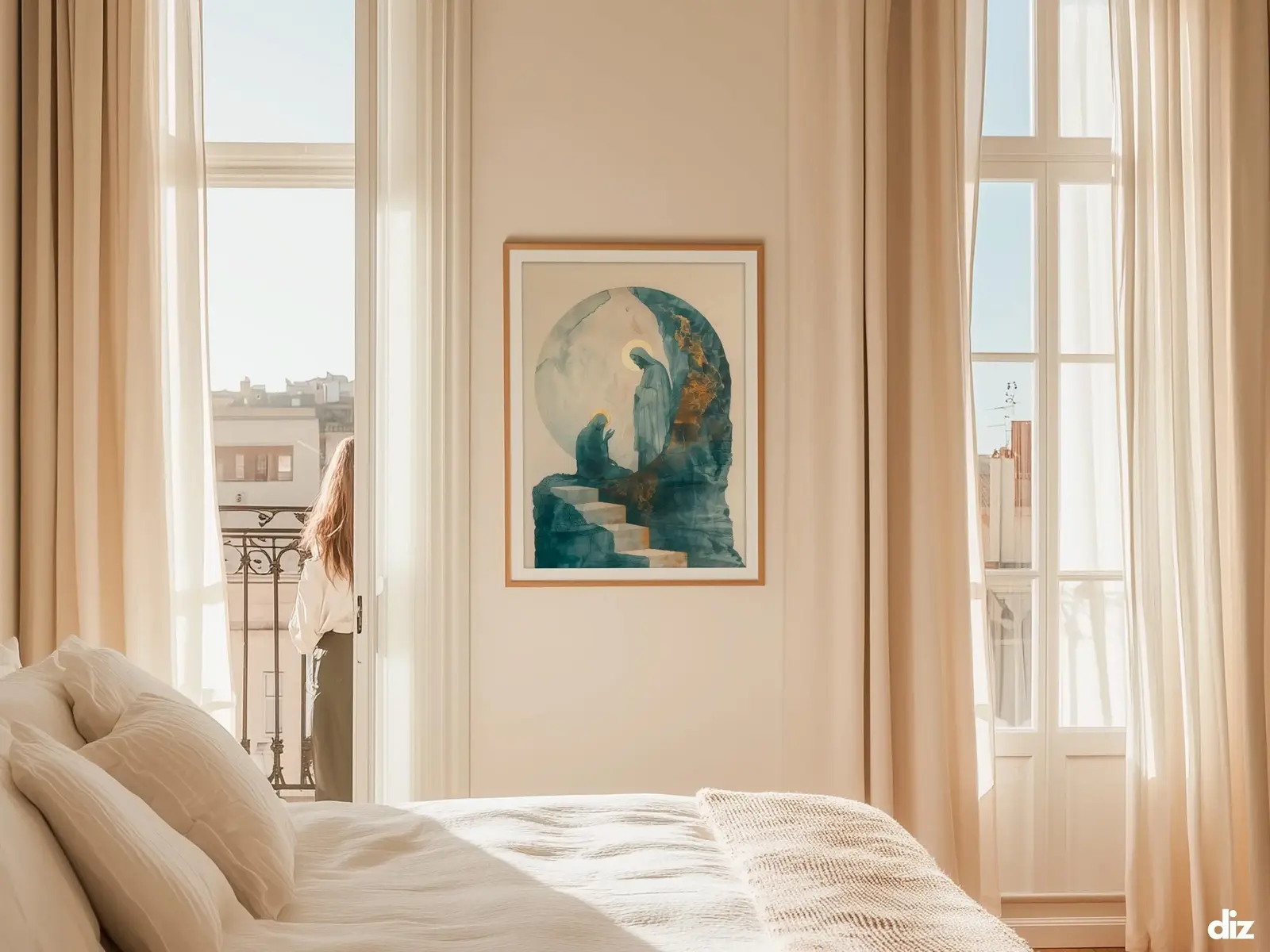 Sacred Heart of Jesus framed above sofa, living room display blending peace and devotion, bible wall art catholic wall art