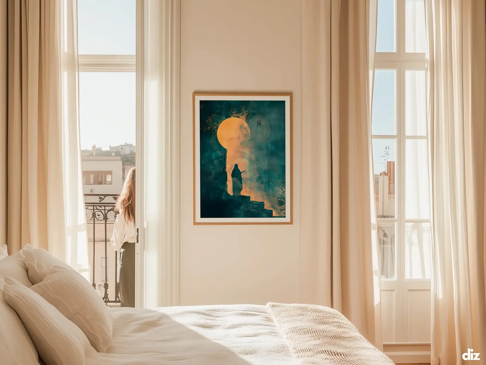 Sacred Heart of Jesus framed above sofa, living room display blending peace and devotion, bible wall art catholic wall art