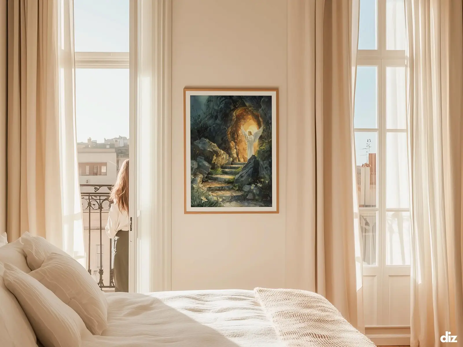 Sacred Heart of Jesus framed above sofa, living room display blending peace and devotion, bible wall art catholic wall art