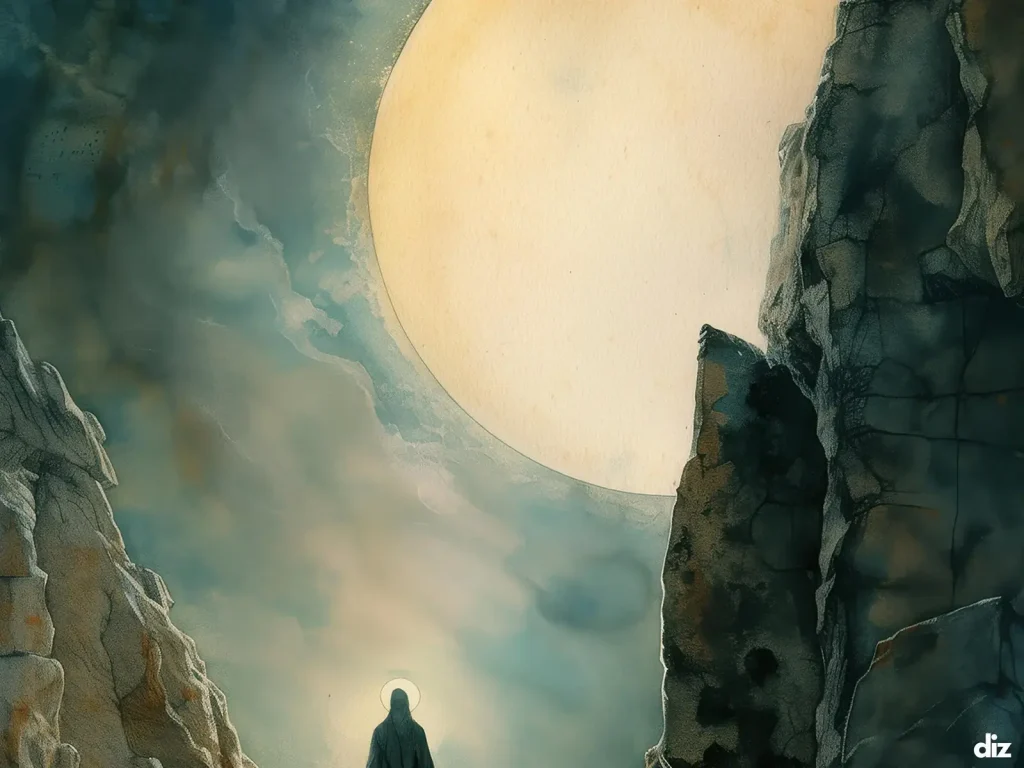 Close-up of the watercolor wash showing the rolled stone and luminous nimbus, fine paper grain and soft concentric waves conveying sacred minimal geometry and biblical art detail.