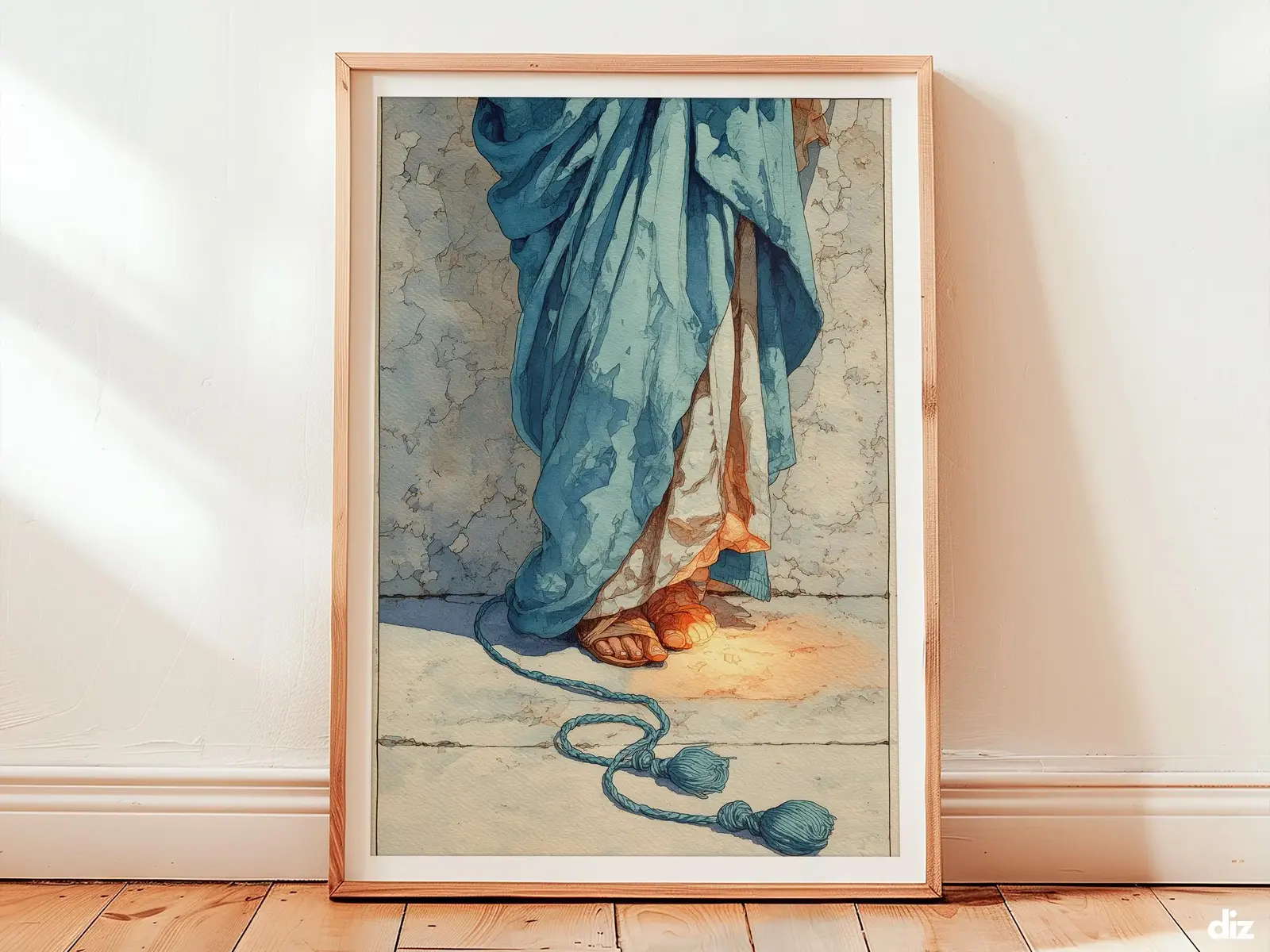 Framed Woman Touches Jesus art print in devotional watercolor style, warm golden light falling on the hem and tassel, offering calm reverence as modern christian wall art.