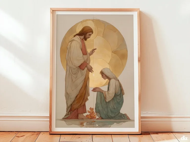 Framed Jesus wall art in devotional watercolor showing Christ blessing while golden ripples bloom where the woman touches his robe, a luminous bible story scene for quiet contemplation.