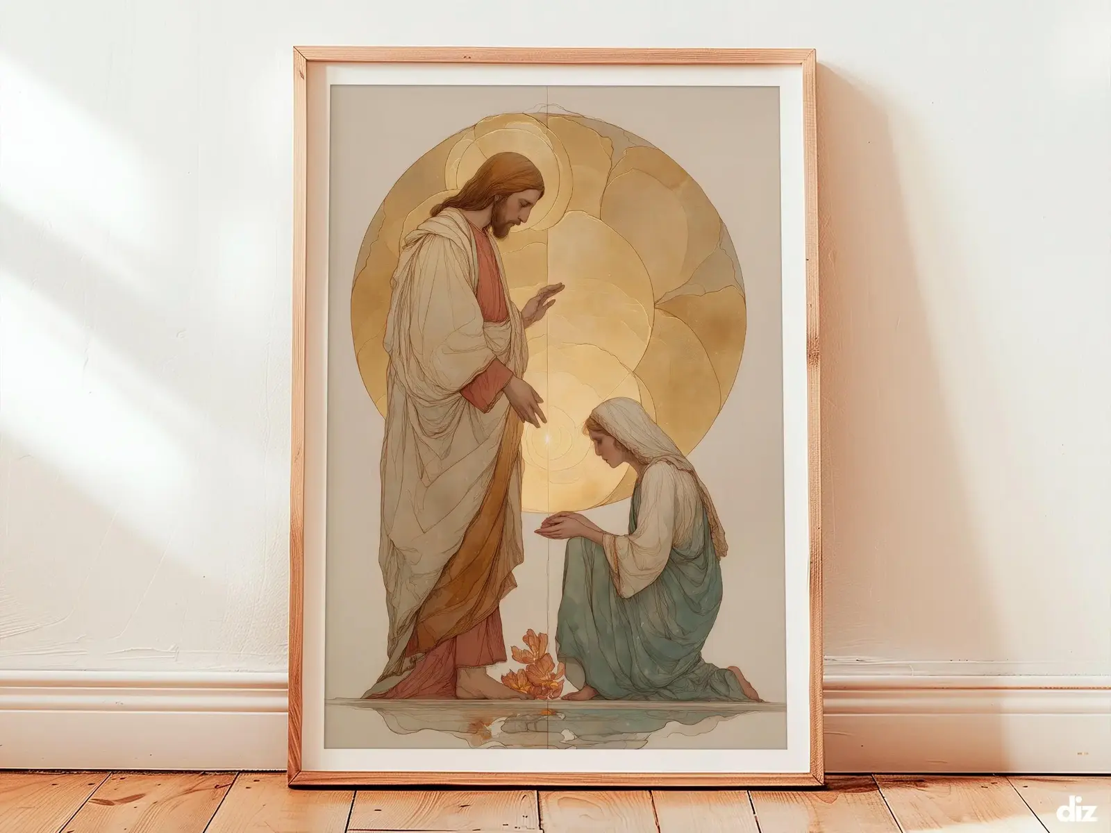 Framed Jesus wall art in devotional watercolor showing Christ blessing while golden ripples bloom where the woman touches his robe, a luminous bible story scene for quiet contemplation.