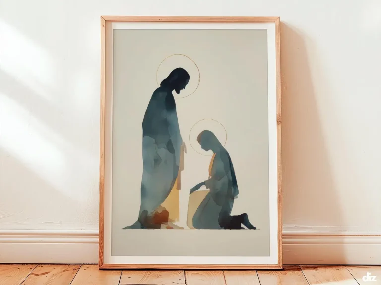 Minimal faith art print showing two simplified silhouettes and a pale-gold ray from the hem, balanced on ivory space to bring calm sacred geometry and neutral wall art harmony.