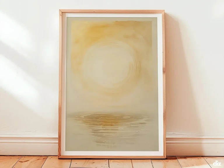 Framed minimal christian wall art with a thin luminous point where a horizontal band and ascending curve meet, warm diagonal light and pale gold ripples bringing calm and trust.