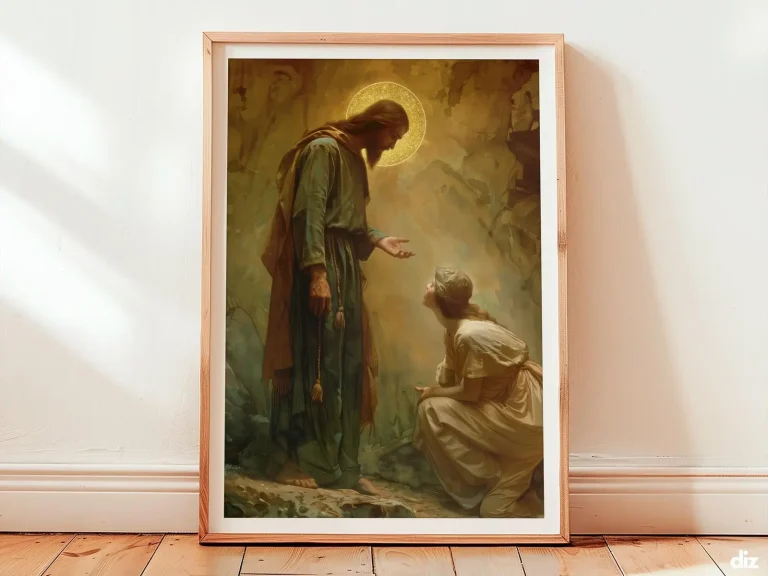 Framed Jesus art print in classic emotional watercolor style hangs on a linen wall, golden ray from the hem illuminating a tender lifted hand with serene catholic wall art presence.
