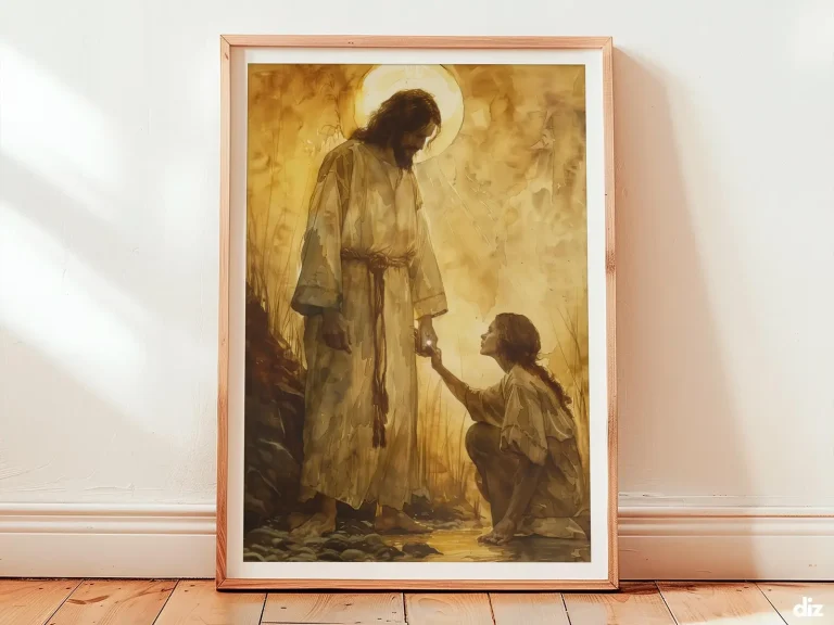 Framed devotional watercolor on an ivory wall, a calm gilded nimbus and rising golden ray guiding a centered figure, evoking a quiet bible story and sacred, harmonious presence as neutral wall art.