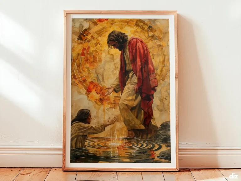 Framed Jesus healing art print shows Christ walking with a gilded cross nimbus as a woman touches his hem, warm golden ripples conveying tender blessing in serene bible art.