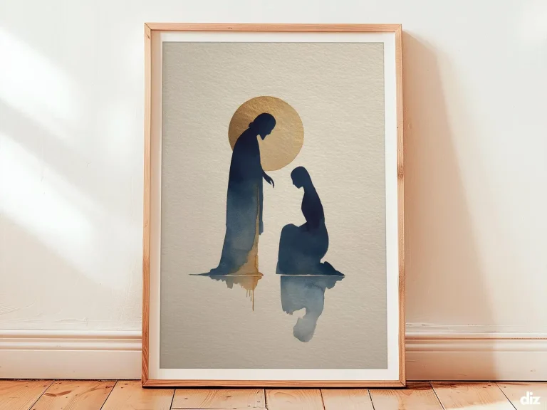 Minimal faith art print showing two simplified indigo silhouettes and a pale-gold ray rising from the hem, centered on ivory negative space for calm neutral wall art decor.
