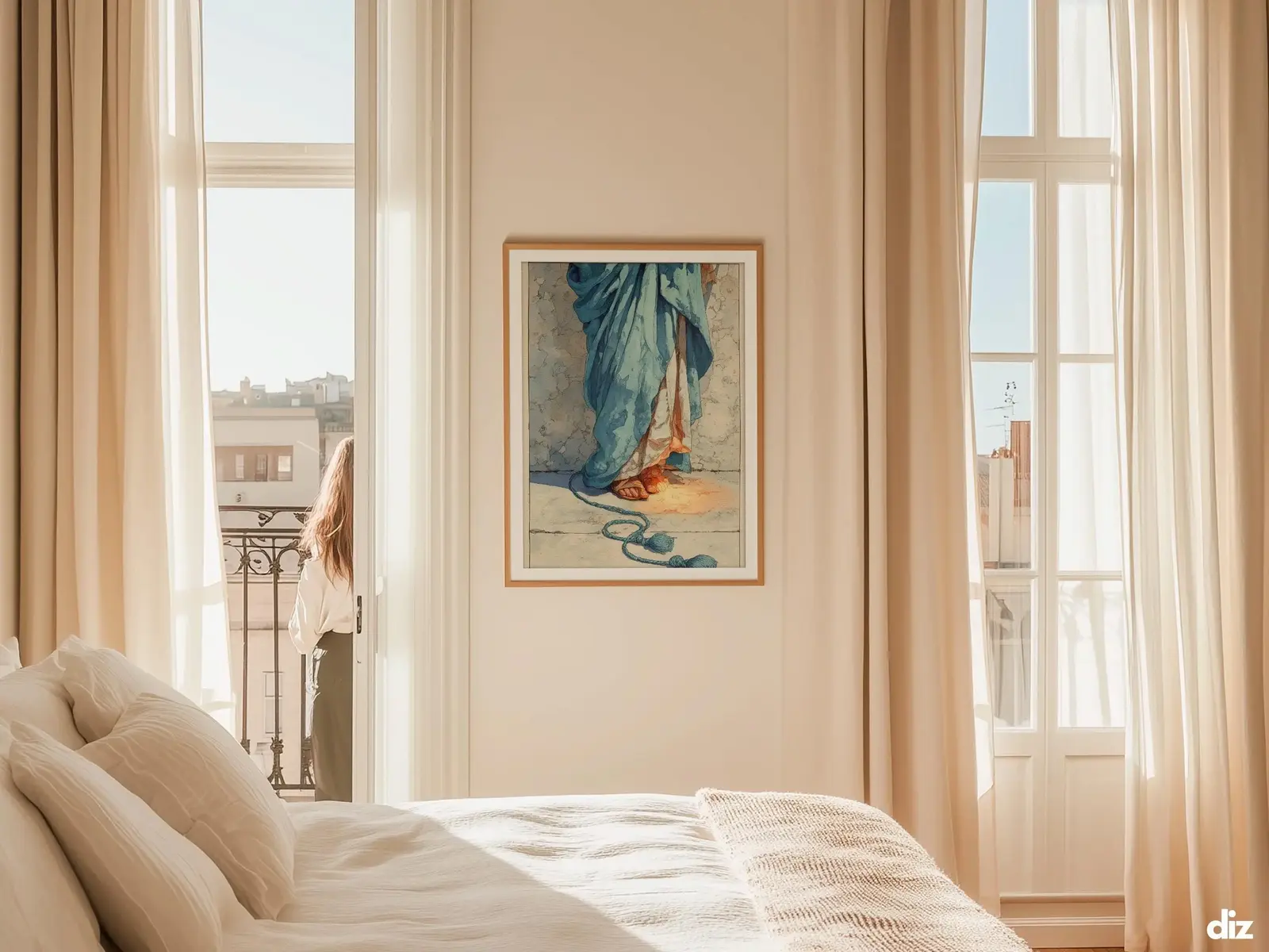 Sacred Heart of Jesus framed above sofa, living room display blending peace and devotion, bible wall art catholic wall art