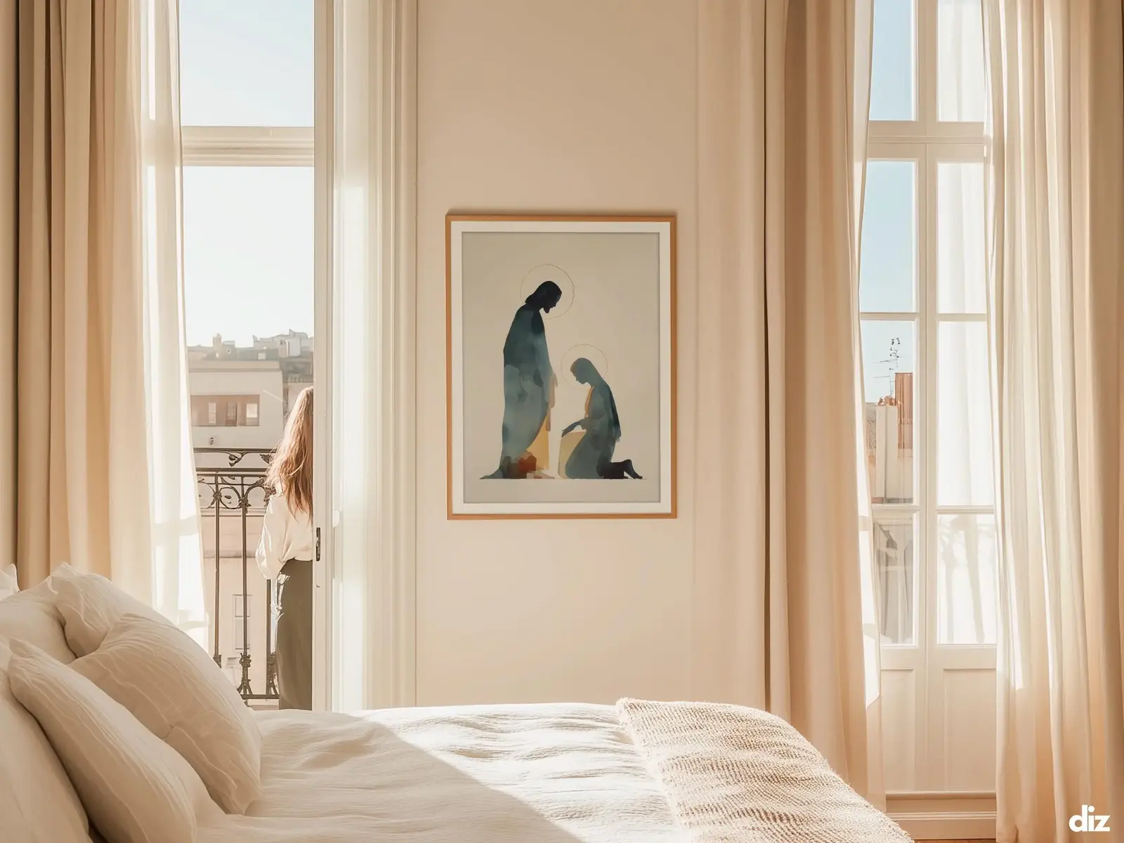 Sacred Heart of Jesus framed above sofa, living room display blending peace and devotion, bible wall art catholic wall art