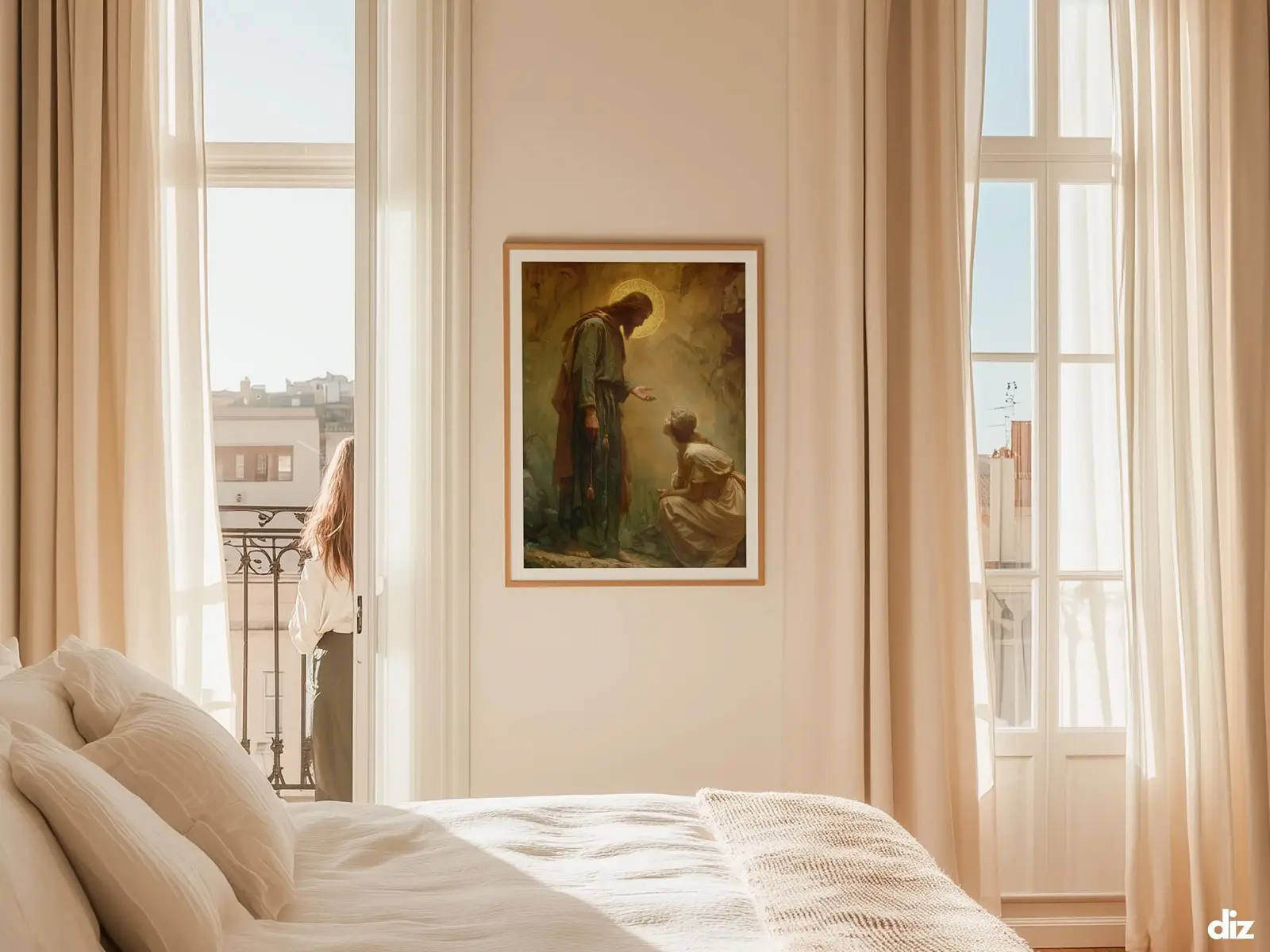 Sacred Heart of Jesus framed above sofa, living room display blending peace and devotion, bible wall art catholic wall art