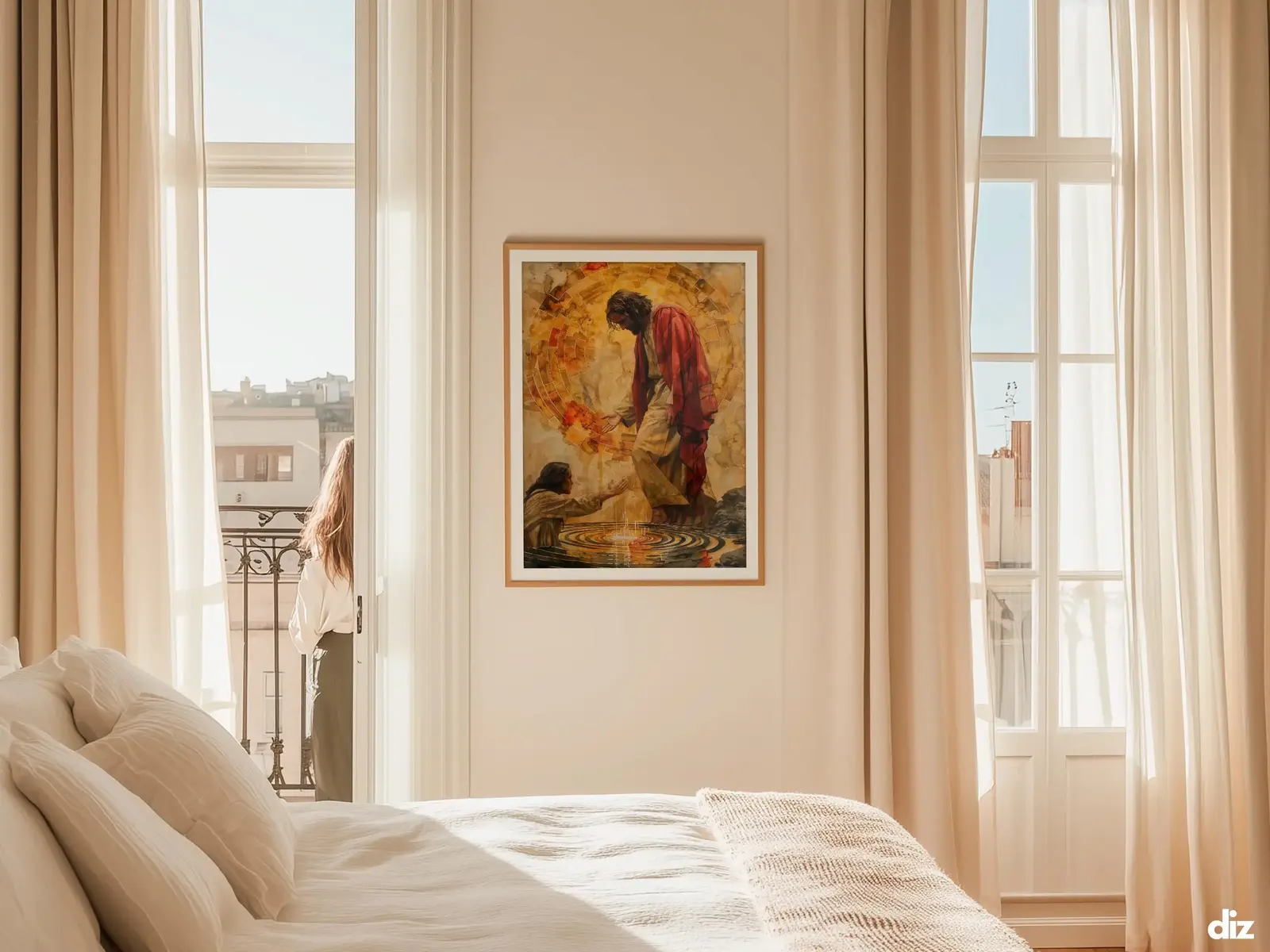 Sacred Heart of Jesus framed above sofa, living room display blending peace and devotion, bible wall art catholic wall art