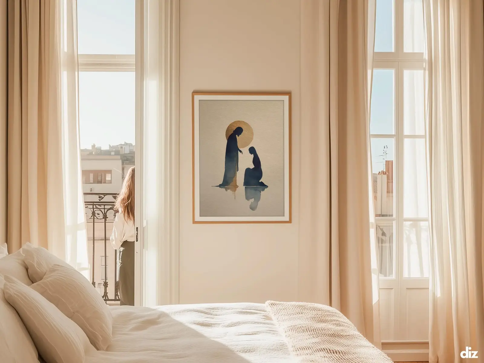 Sacred Heart of Jesus framed above sofa, living room display blending peace and devotion, bible wall art catholic wall art