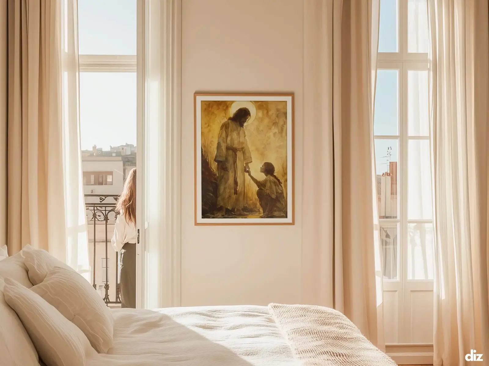 Sacred Heart of Jesus framed above sofa, living room display blending peace and devotion, bible wall art catholic wall art