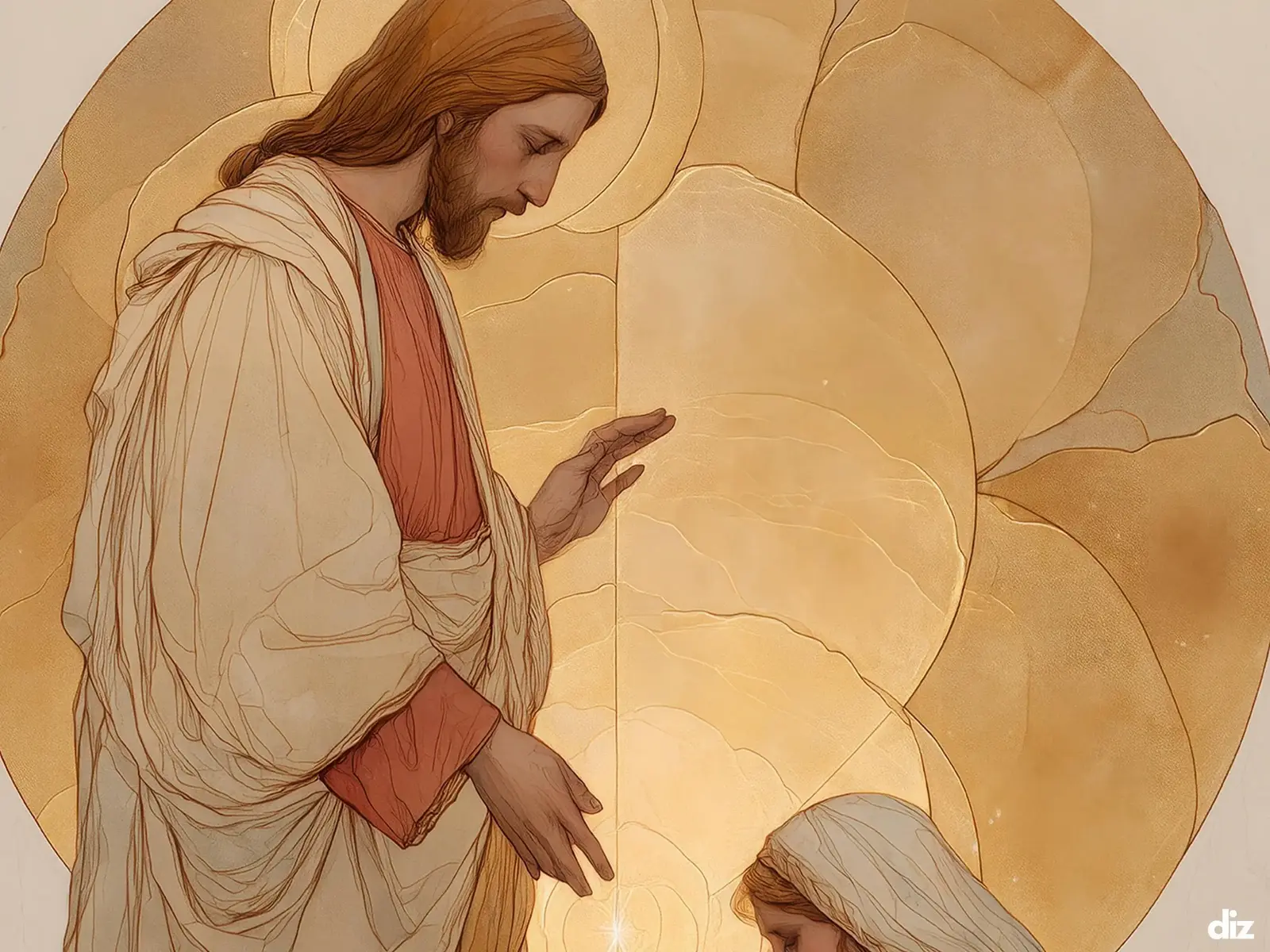 Close-up of the watercolor brushwork highlights the gilded cross nimbus and subtle ink wash where a bright point blossoms into concentric golden light, a refined piece of biblical art.