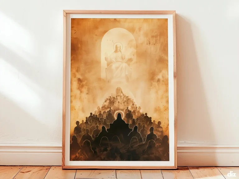 Framed All Saints Day print of Christ enthroned with haloed saints, Christ wall art and religious artwork.