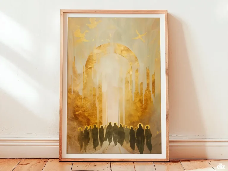 Framed All Saints Day devotional print showing Heavenly Jerusalem gates, minimalist Catholic wall art and religious artwork