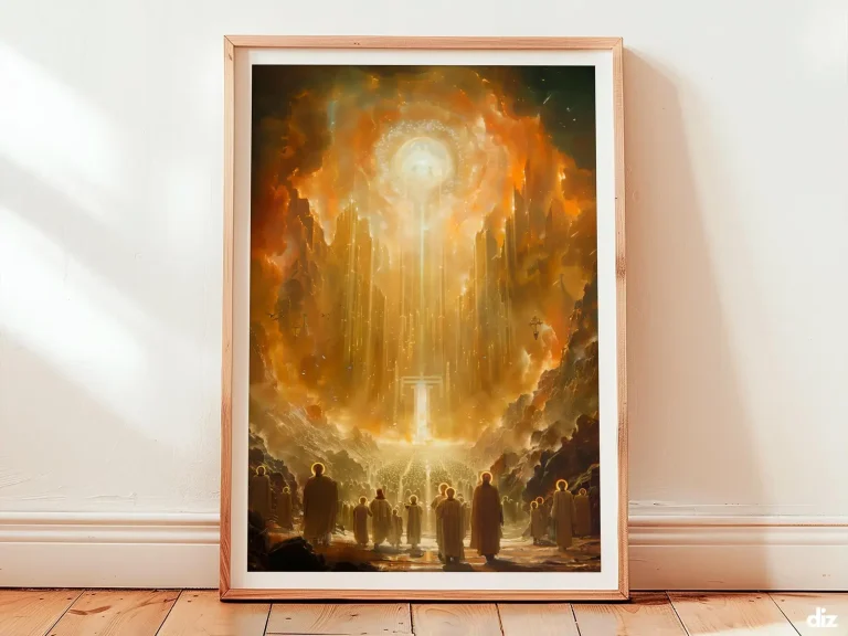 Framed All Saints Day depiction of Christ the Redeemer enthroned, luminous mandorla, reverent religious artwork, spiritual artwork