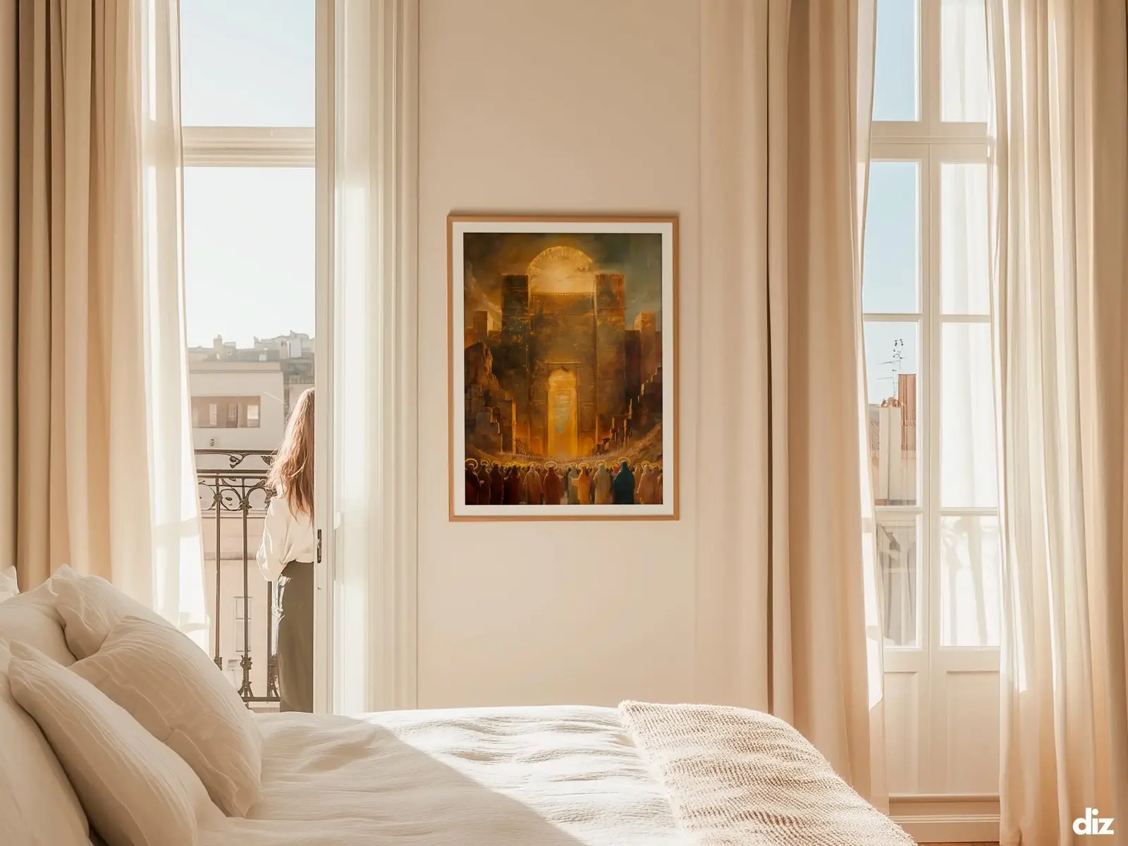 Sacred Heart of Jesus framed above sofa, living room display blending peace and devotion, bible wall art catholic wall art