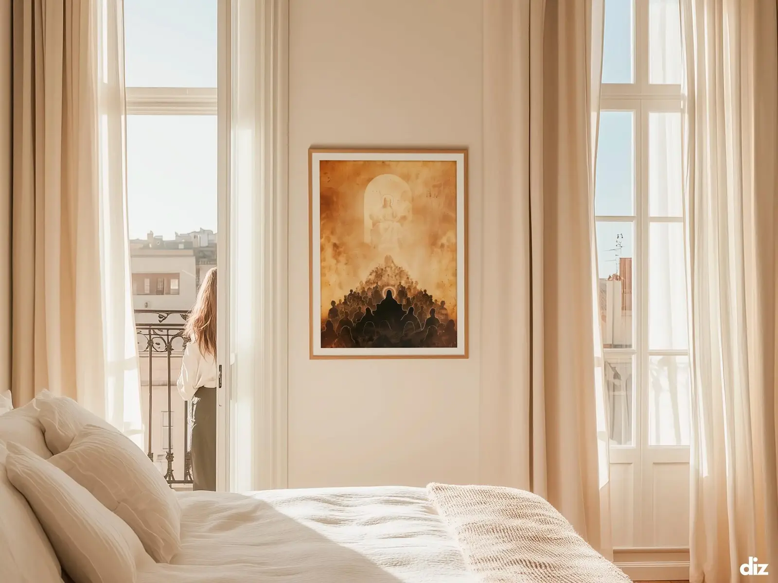 Sacred Heart of Jesus framed above sofa, living room display blending peace and devotion, bible wall art catholic wall art