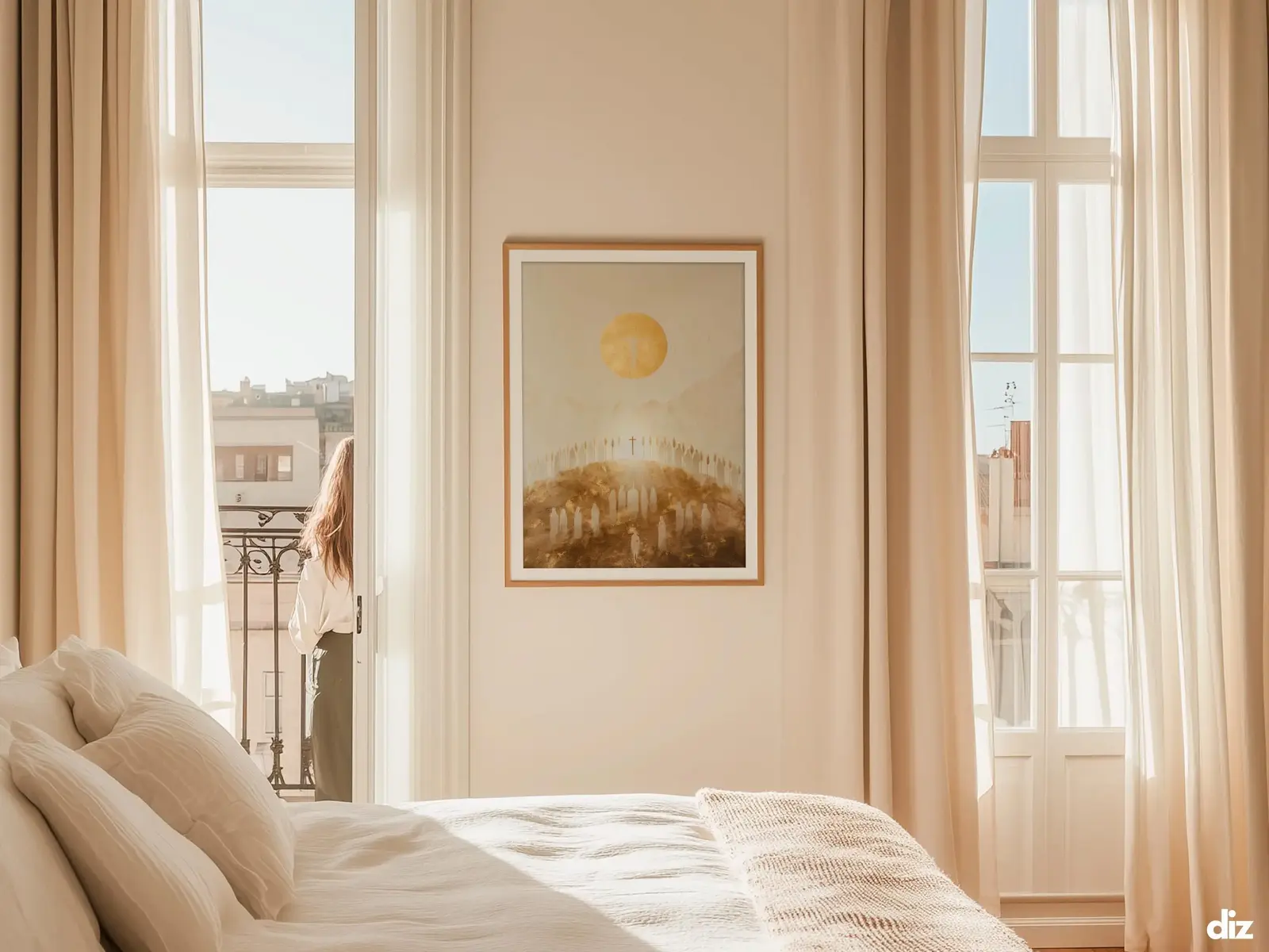 Sacred Heart of Jesus framed above sofa, living room display blending peace and devotion, bible wall art catholic wall art