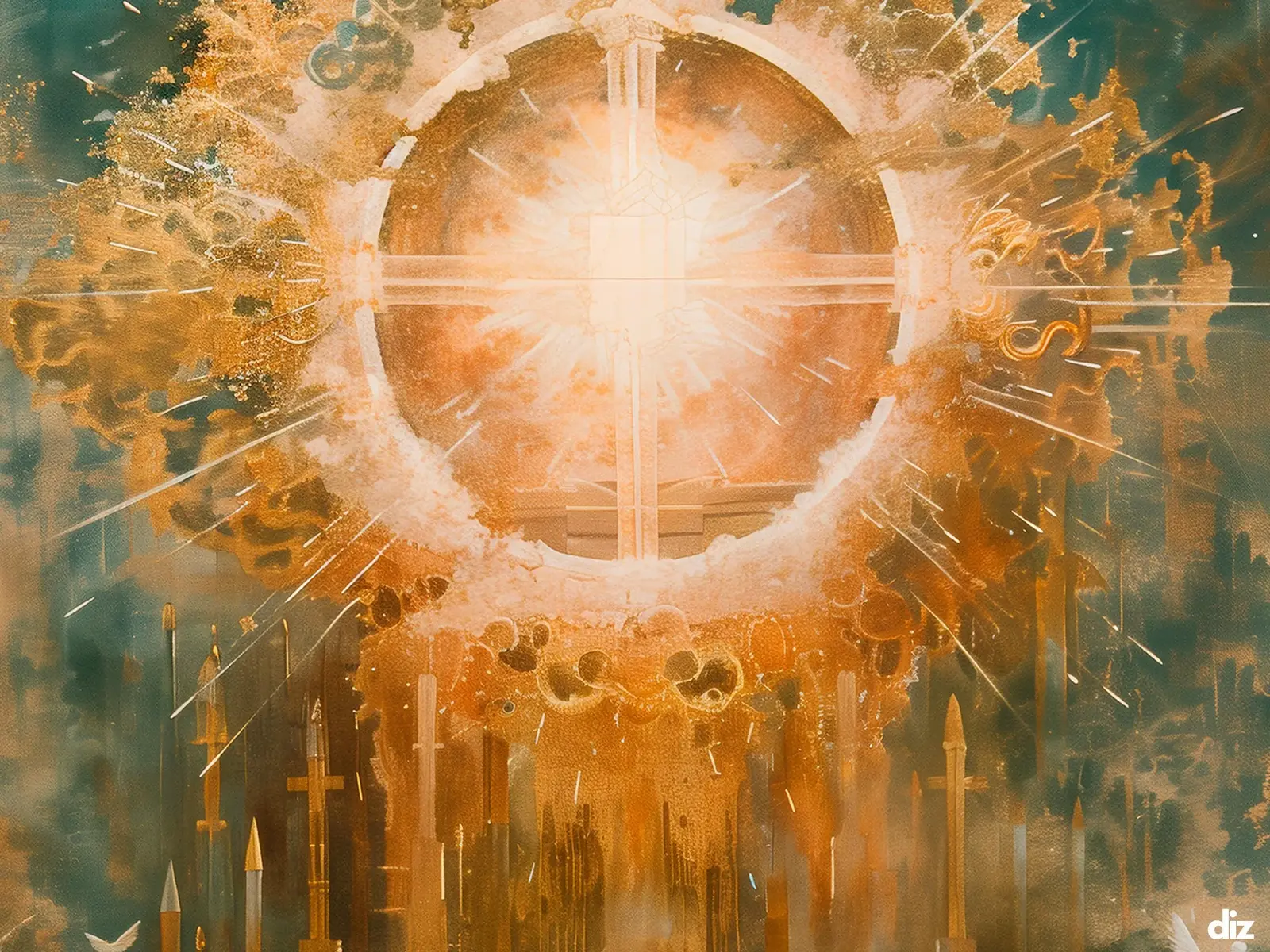 Close-up detail of the flaming Sacred Heart, thorn crown and cross, jesus sacred heart biblical wall art