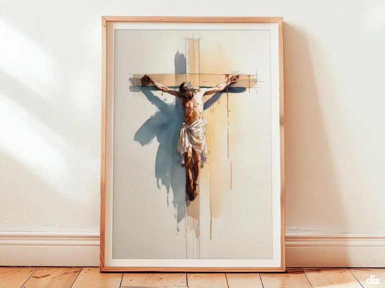 Crucifixion Art Print: Minimal Cross and Halo, Modern Christian Decor (Digital Download)
