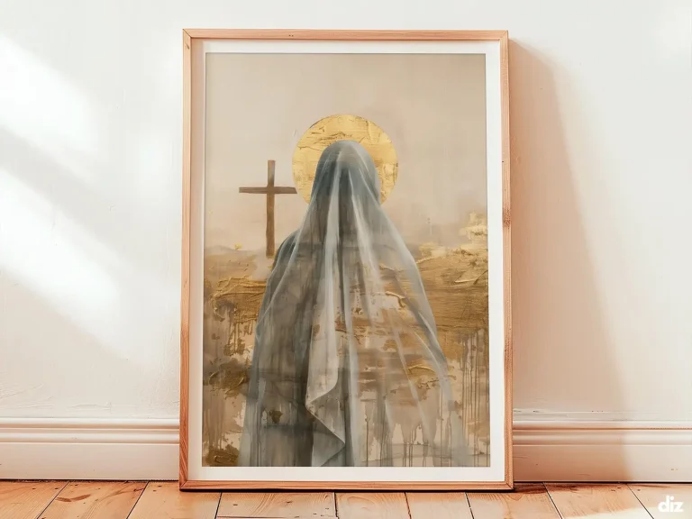 Crucifixion Art Print: Mary at the Foot of the Cross, Modern Christian Decor (Digital Download)