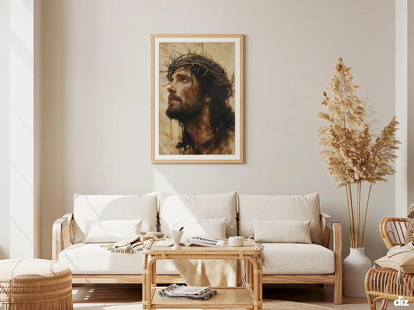 Framed Sacred Heart of Jesus above bed, bedroom sanctuary offering mercy and trust, jesus wall art artwork of jesus