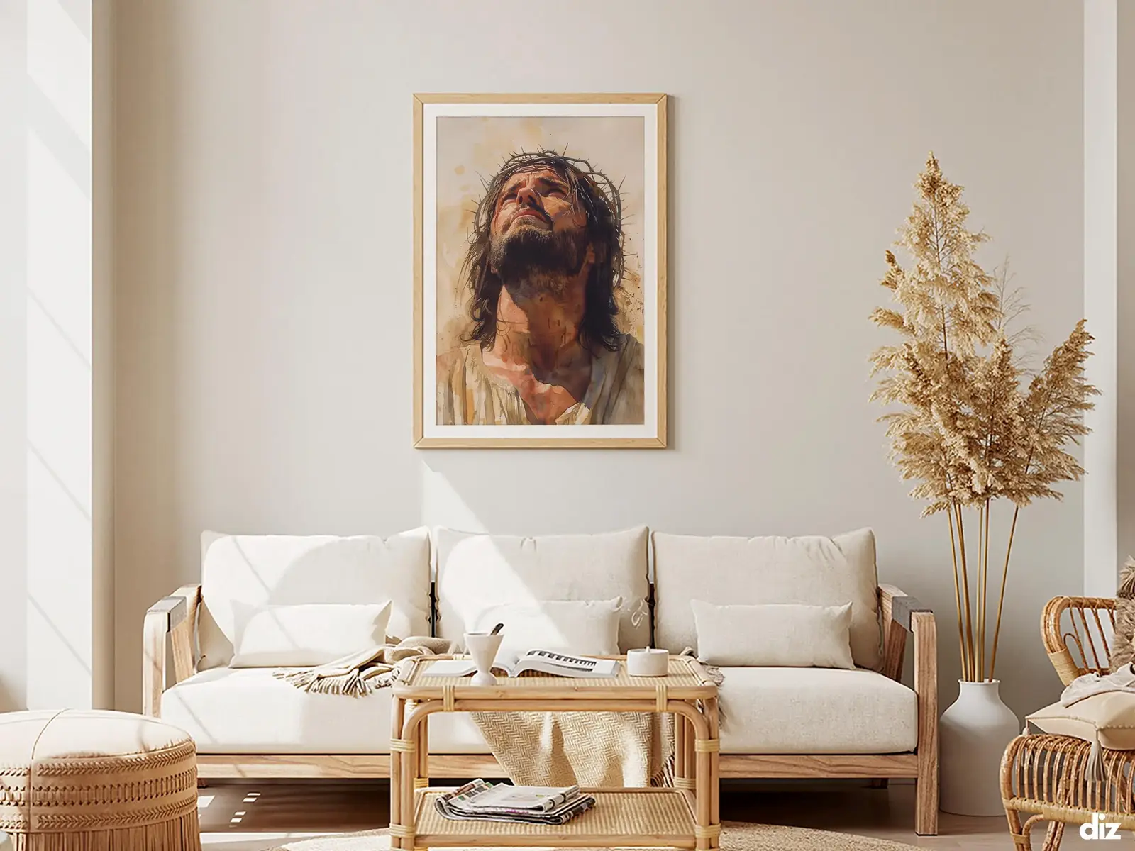 Framed Sacred Heart of Jesus above bed, bedroom sanctuary offering mercy and trust, jesus wall art artwork of jesus