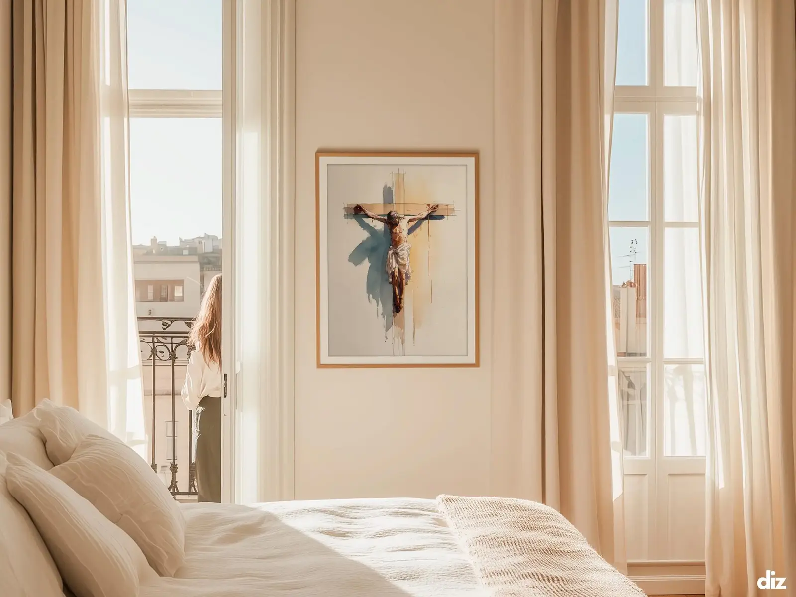 Sacred Heart of Jesus framed above sofa, living room display blending peace and devotion, bible wall art catholic wall art