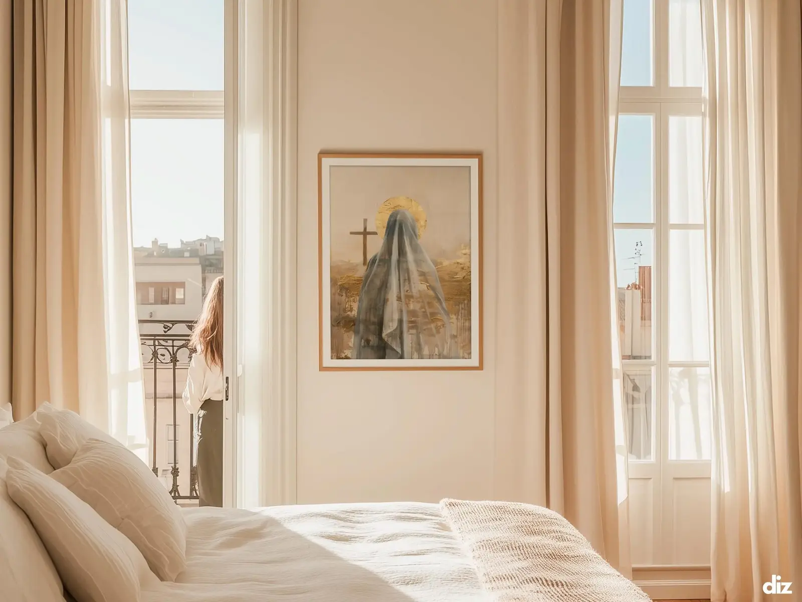 Sacred Heart of Jesus framed above sofa, living room display blending peace and devotion, bible wall art catholic wall art