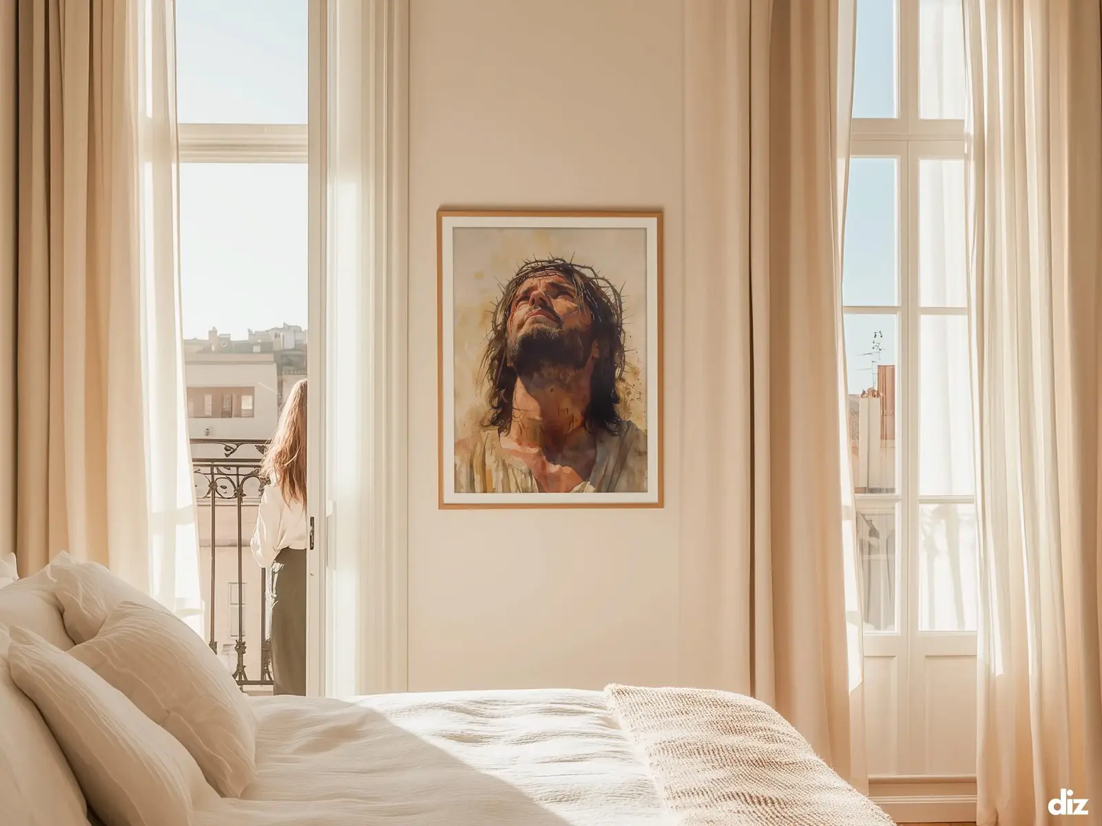 Sacred Heart of Jesus framed above sofa, living room display blending peace and devotion, bible wall art catholic wall art