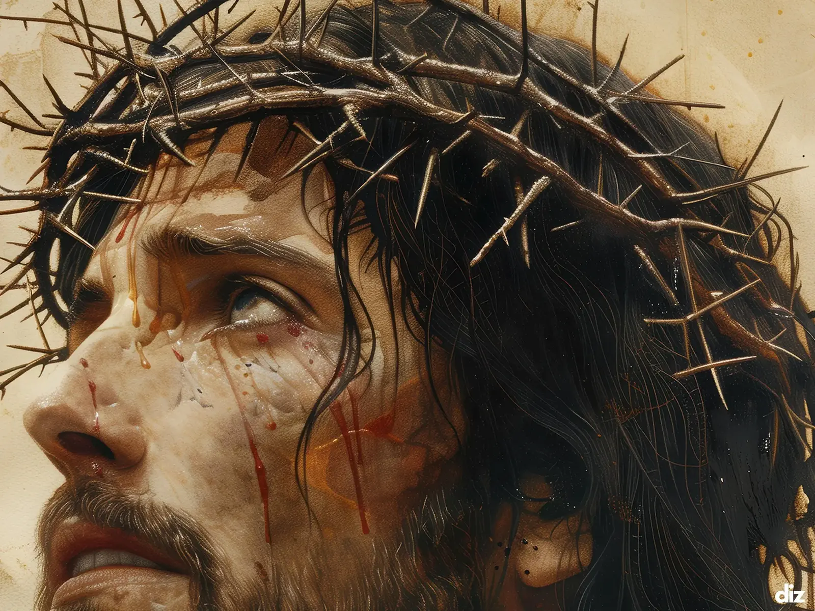 Close-up detail of the flaming Sacred Heart, thorn crown and cross, jesus sacred heart biblical wall art