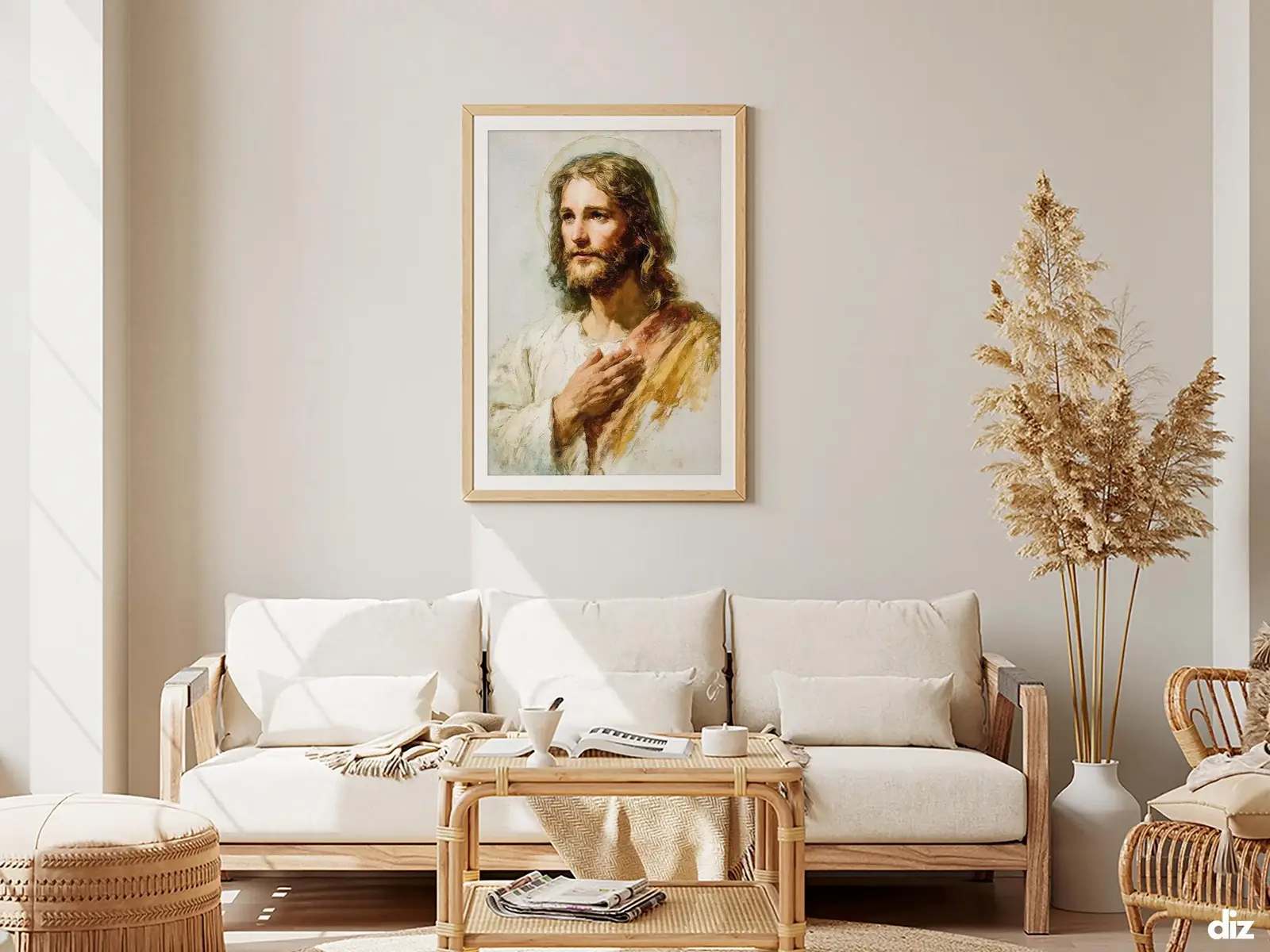 Framed Sacred Heart of Jesus above bed, bedroom sanctuary offering mercy and trust, jesus wall art artwork of jesus