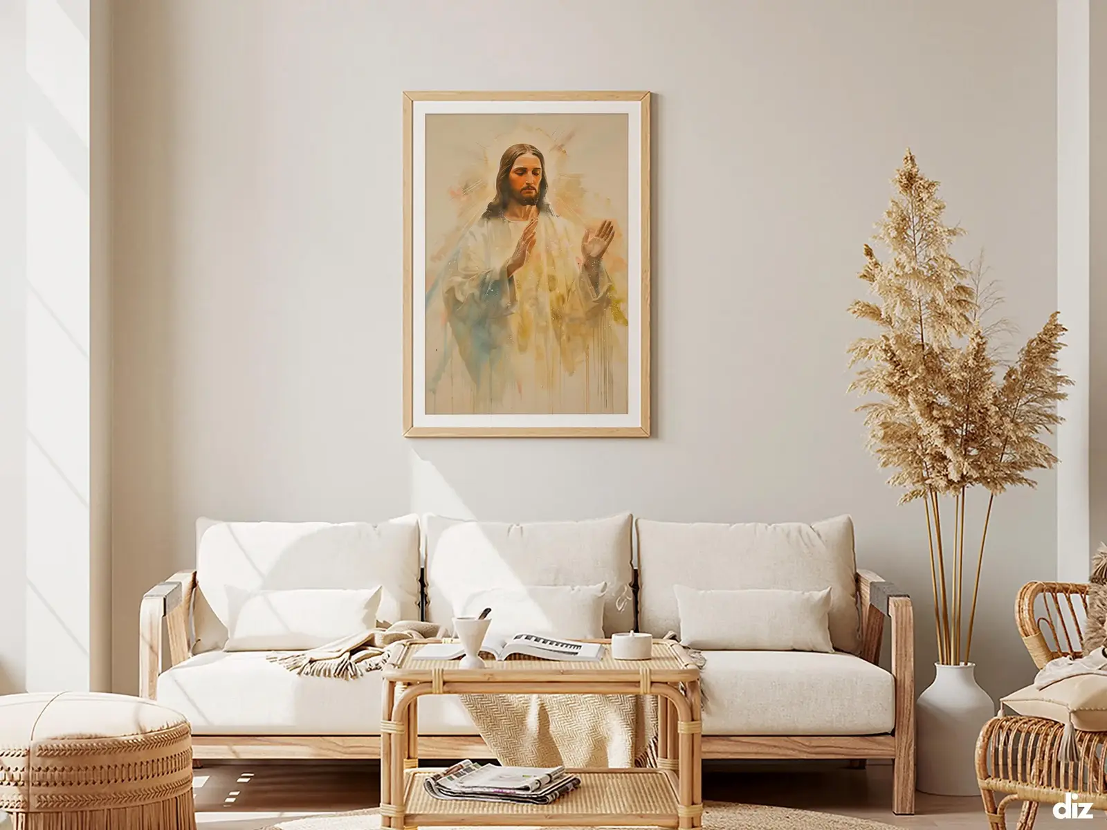 Framed Sacred Heart of Jesus above bed, bedroom sanctuary offering mercy and trust, jesus wall art artwork of jesus