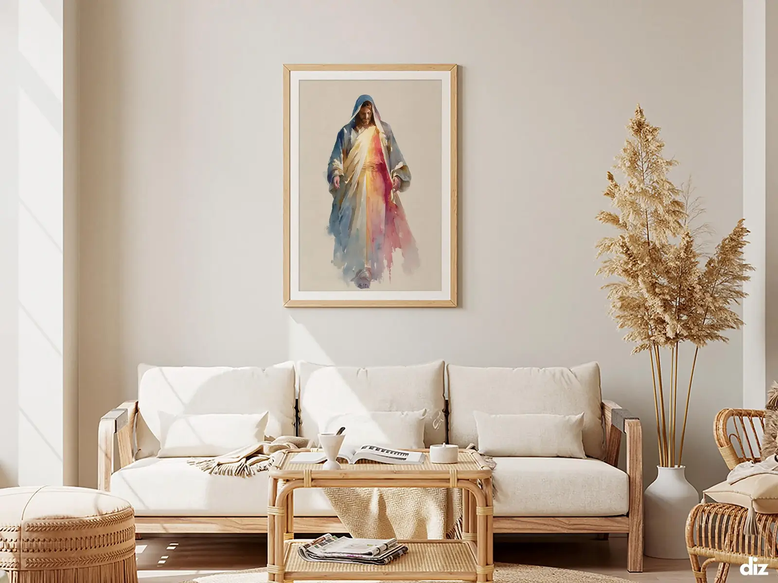 Framed Sacred Heart of Jesus above bed, bedroom sanctuary offering mercy and trust, jesus wall art artwork of jesus
